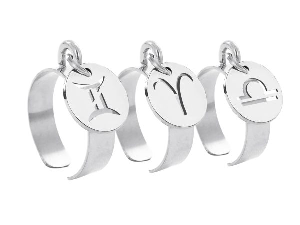 Bague ajustable signe astrologique en acier inoxydable argenté | Taille ajustable : Du 52 au 56