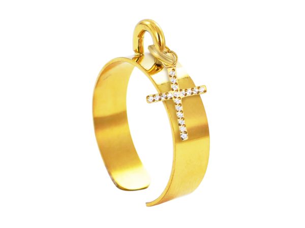 RINGAJCROSS10OZ-GOLD.jpg Bague ajustable croix oxydes de zirconium blancs en acier inoxydable doré | Taille ajustable : Du 52 au 56