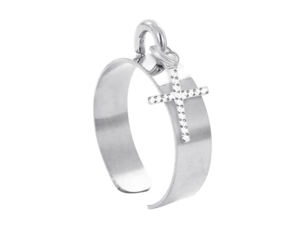 RINGAJCROSS10OZ-RH.jpg Bague ajustable croix oxydes de zirconium blancs en acier inoxydable argenté | Taille ajustable : Du 52 au 56
