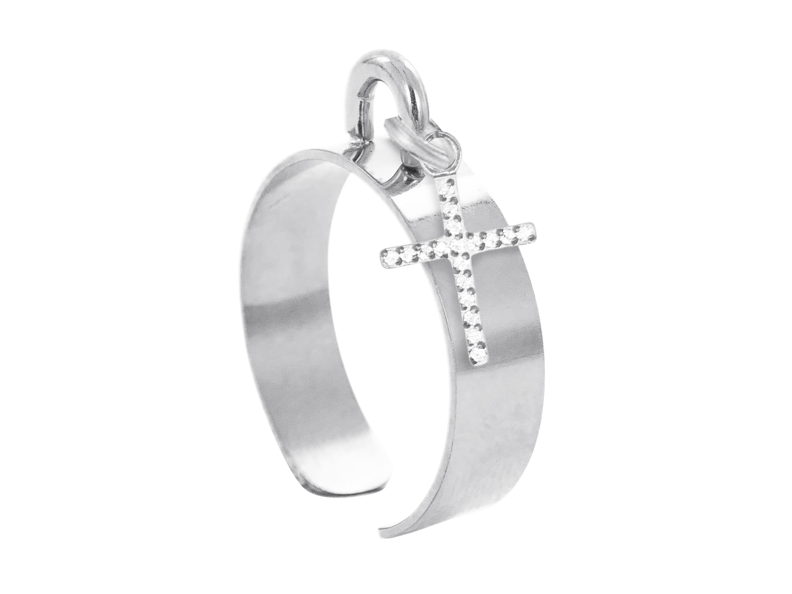 Bague ajustable croix oxydes de zirconium blancs en acier inoxydable argenté | Taille ajustable : Du 52 au 56