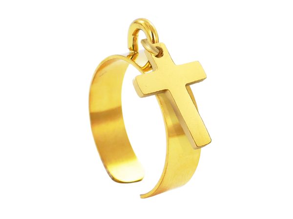 Bague ajustable croix à personnaliser en acier inoxydable doré | Taille ajustable : Du 52 au 56