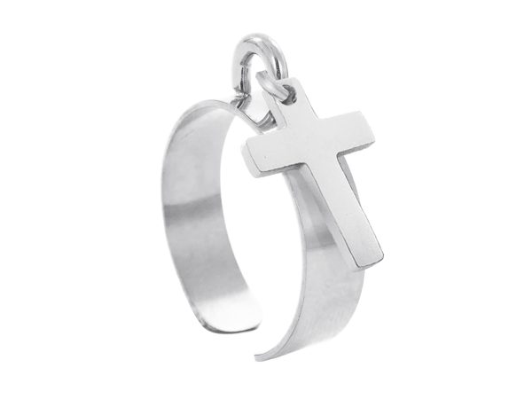 Bague ajustable croix à personnaliser en acier inoxydable argenté | Taille ajustable : Du 52 au 56