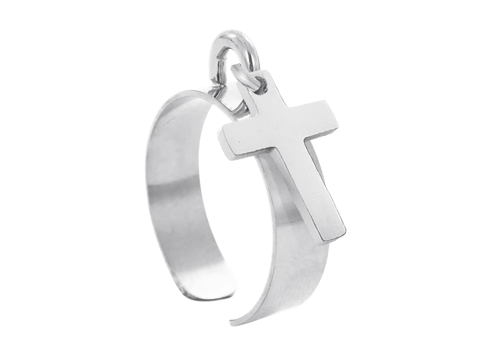 Bague ajustable croix à personnaliser en acier inoxydable argenté | Taille ajustable : Du 52 au 56