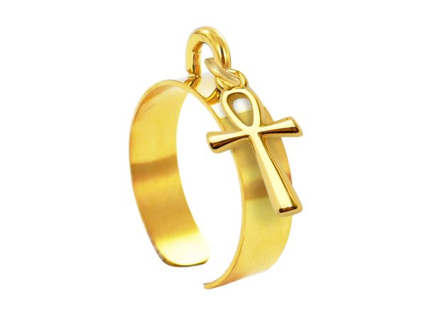 RINGAJCROSSEGY14-GOLD.jpg Bague ajustable croix égyptienne en acier inoxydable doré | Taille ajustable : Du 52 au 56
