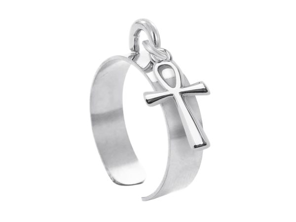 RINGAJCROSSEGY14-RH.jpg Bague ajustable croix égyptienne en acier inoxydable argenté | Taille ajustable : Du 52 au 56