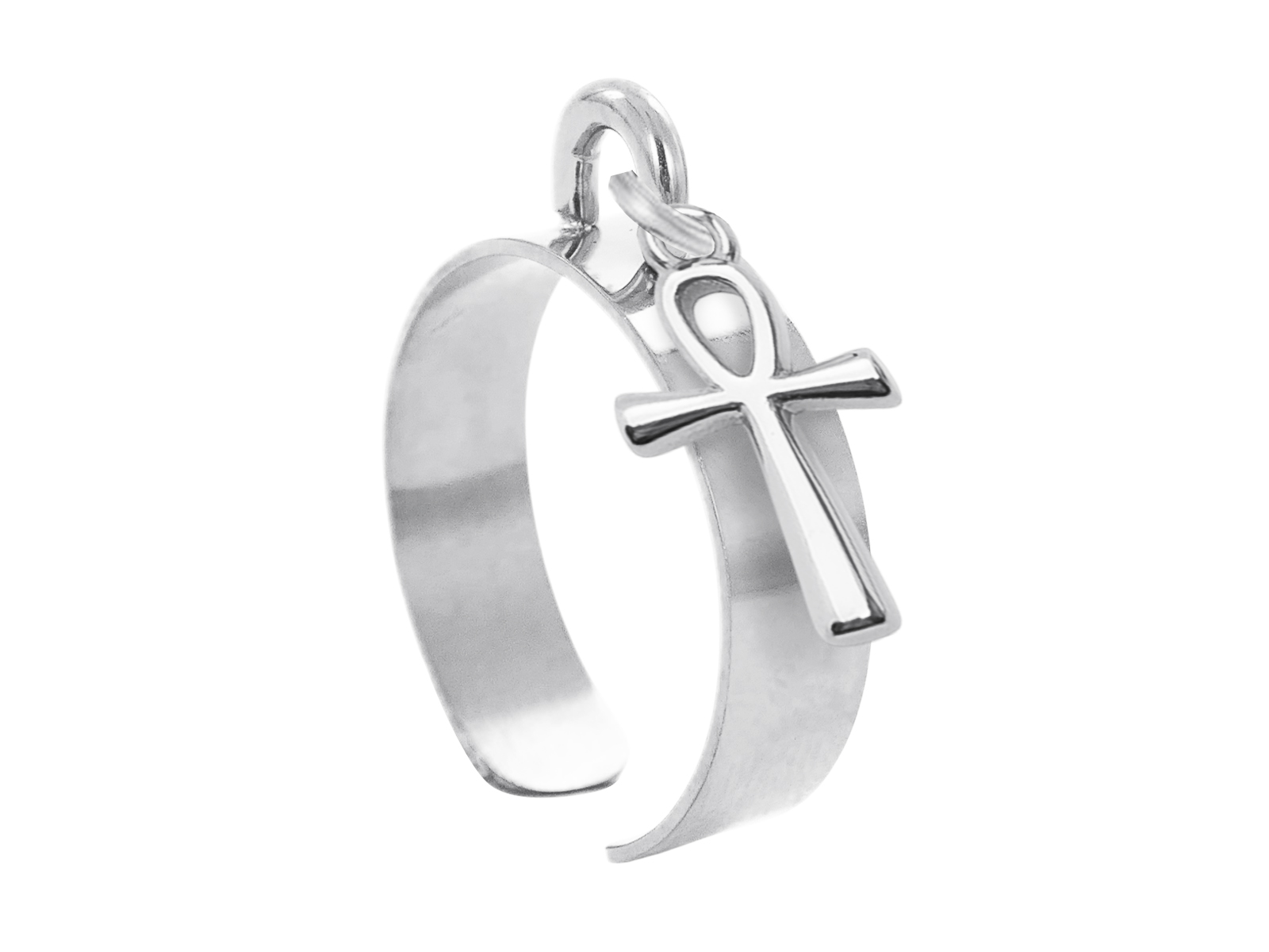 Bague ajustable croix égyptienne en acier inoxydable argenté | Taille ajustable : Du 52 au 56
