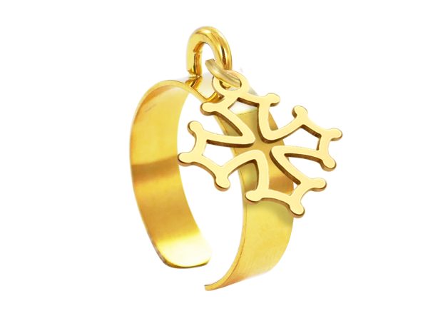 RINGAJCROSSOC14-GOLD.jpg Bague ajustable croix occitane en acier inoxydable doré | Taille ajustable : Du 52 au 56