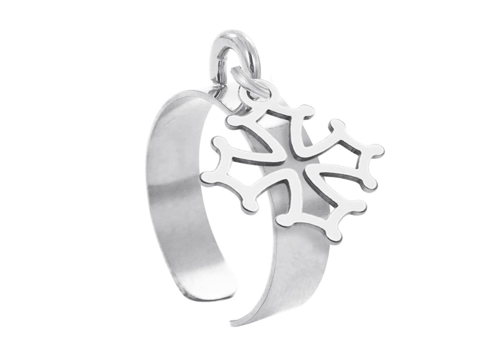 Bague ajustable croix occitane en acier inoxydable argenté | Taille ajustable : Du 52 au 56