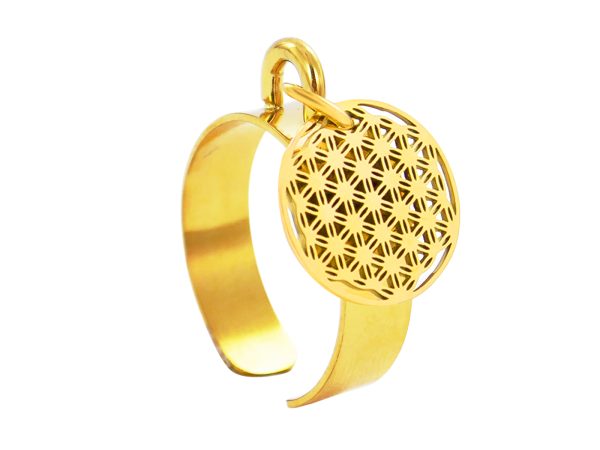 Bague ajustable fleur de vie en acier inoxydable doré | Taille ajustable : Du 52 au 56