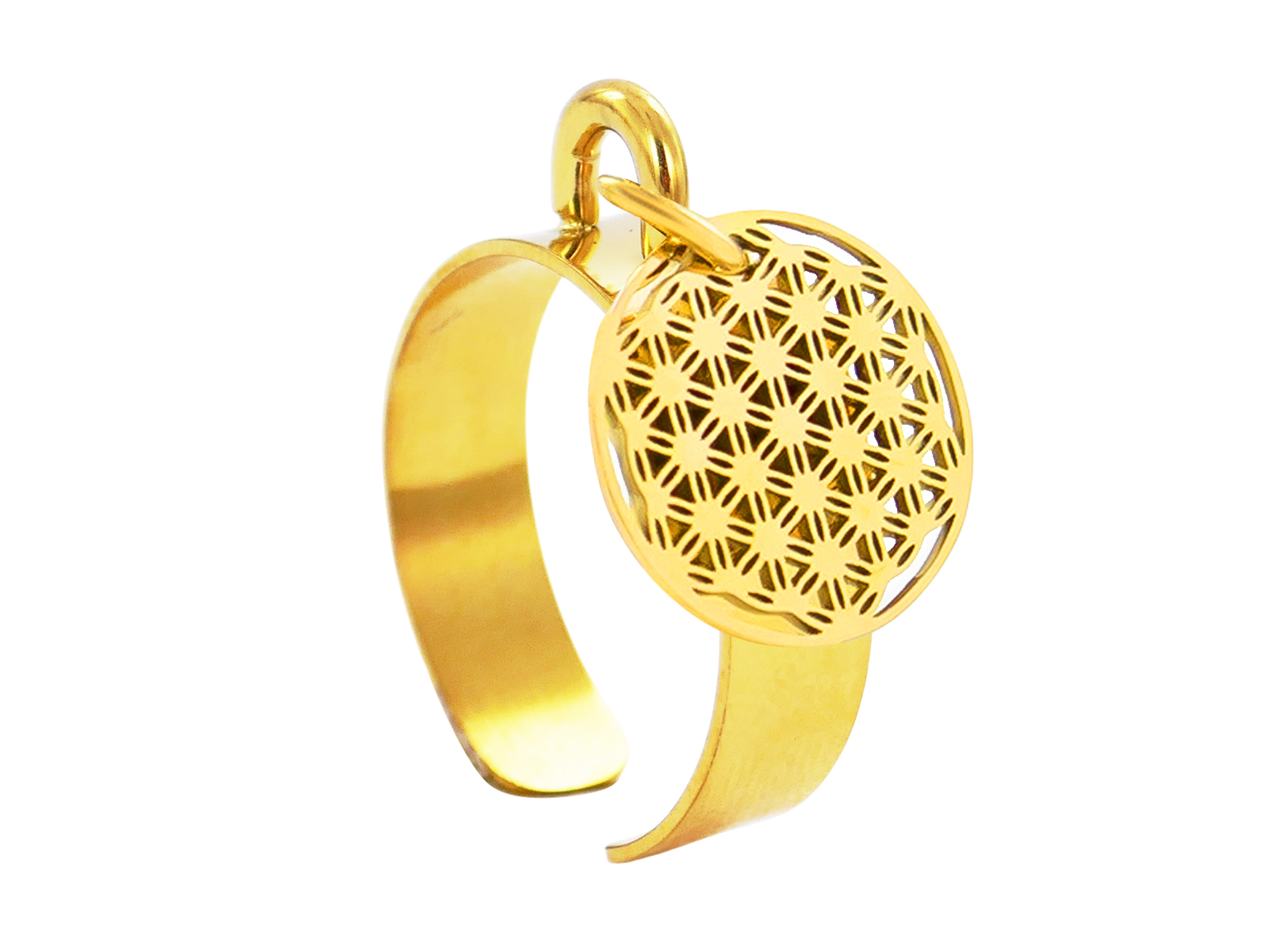 Bague ajustable fleur de vie en acier inoxydable doré | Taille ajustable : Du 52 au 56