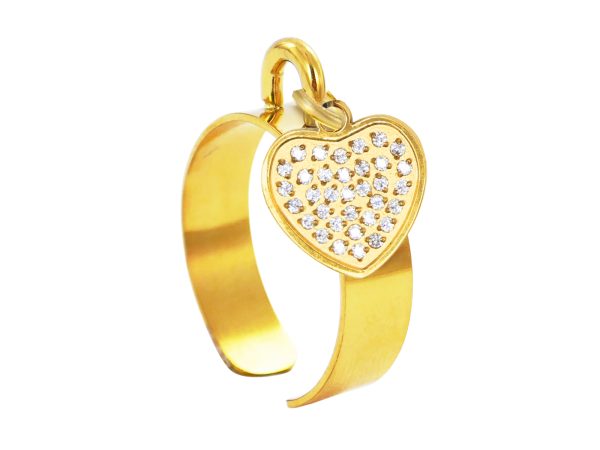 RINGAJHRT10OZ-GOLD.jpg Bague ajustable cœur oxydes de zirconium blancs en acier inoxydable doré | Taille ajustable : Du 52 au 56