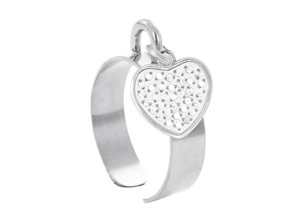 RINGAJHRT10OZ-RH.jpg Bague ajustable cœur oxydes de zirconium blancs en acier inoxydable argenté | Taille ajustable : Du 52 au 56