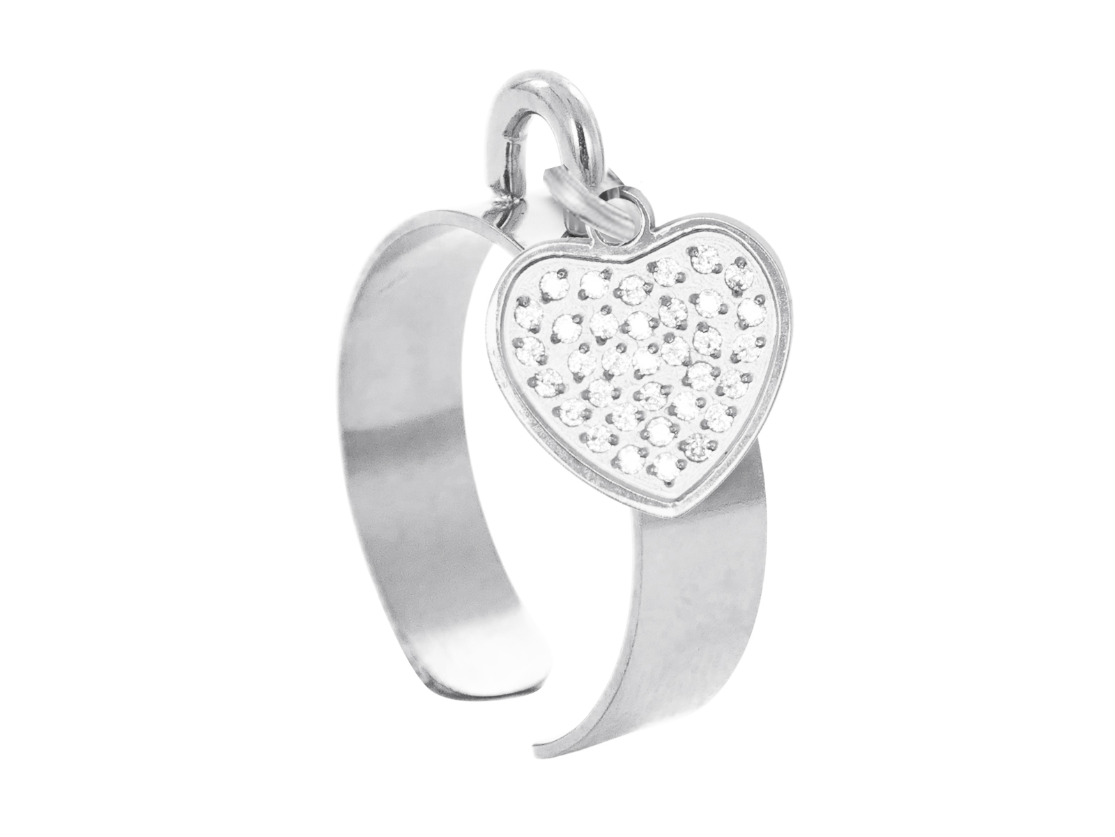 Bague ajustable cœur oxydes de zirconium blancs en acier inoxydable argenté | Taille ajustable : Du 52 au 56
