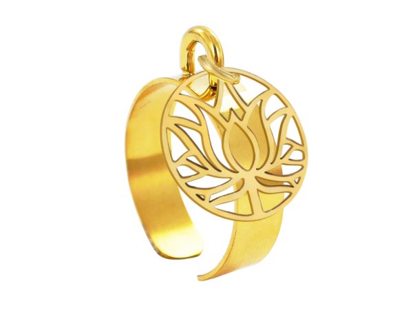 Bague ajustable fleur de lotus en acier inoxydable doré | Taille ajustable : Du 52 au 56