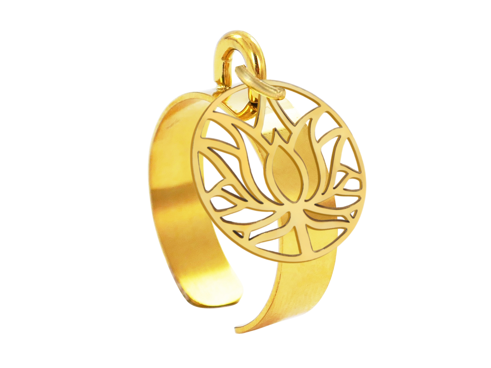 Bague ajustable fleur de lotus en acier inoxydable doré | Taille ajustable : Du 52 au 56