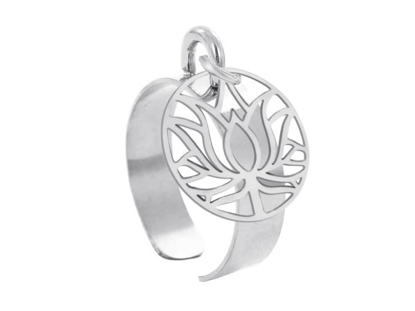 Bague ajustable fleur de lotus en acier inoxydable argenté | Taille ajustable : Du 52 au 56