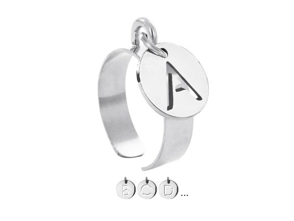 Bague ajustable lettre découpée en acier inoxydable argenté | Taille ajustable : Du 52 au 56