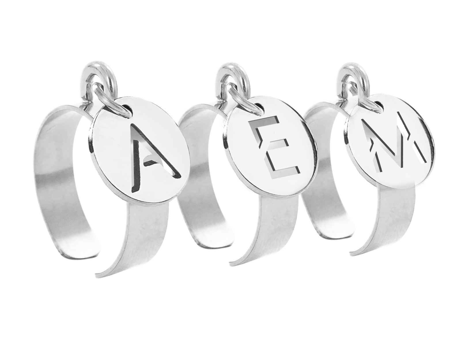 Bague ajustable lettre découpée en acier inoxydable argenté | Taille ajustable : Du 52 au 56