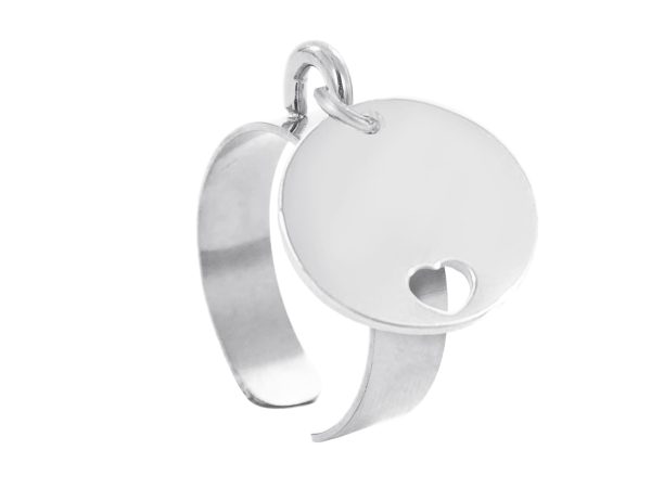 RINGAJMHRT14-RH.jpg Bague ajustable médaille ronde cœur ajouré à personnaliser en acier inoxydable argenté | Taille ajustable : Du 52 au 56