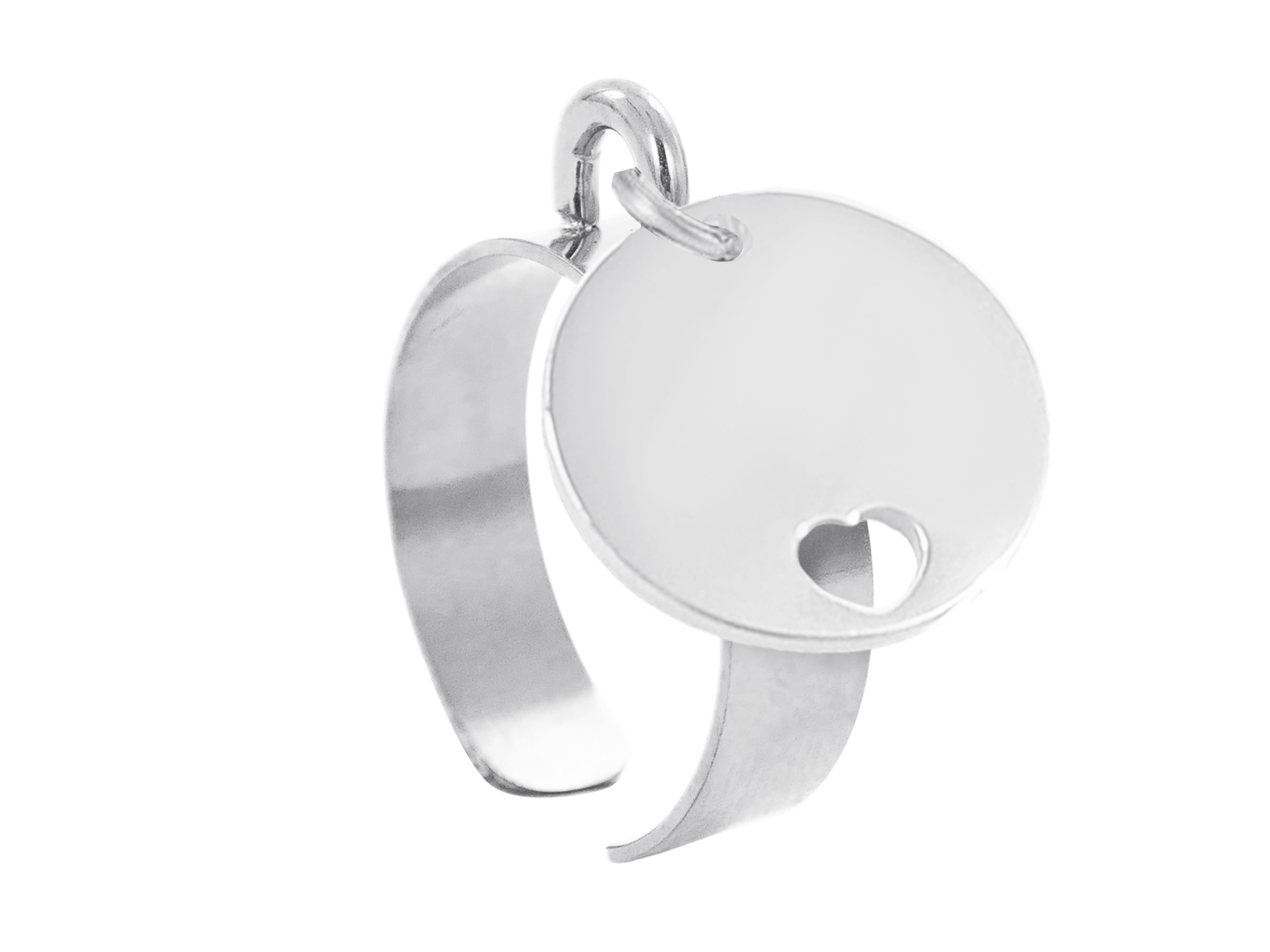 Bague ajustable médaille ronde cœur ajouré à personnaliser en acier inoxydable argenté | Taille ajustable : Du 52 au 56