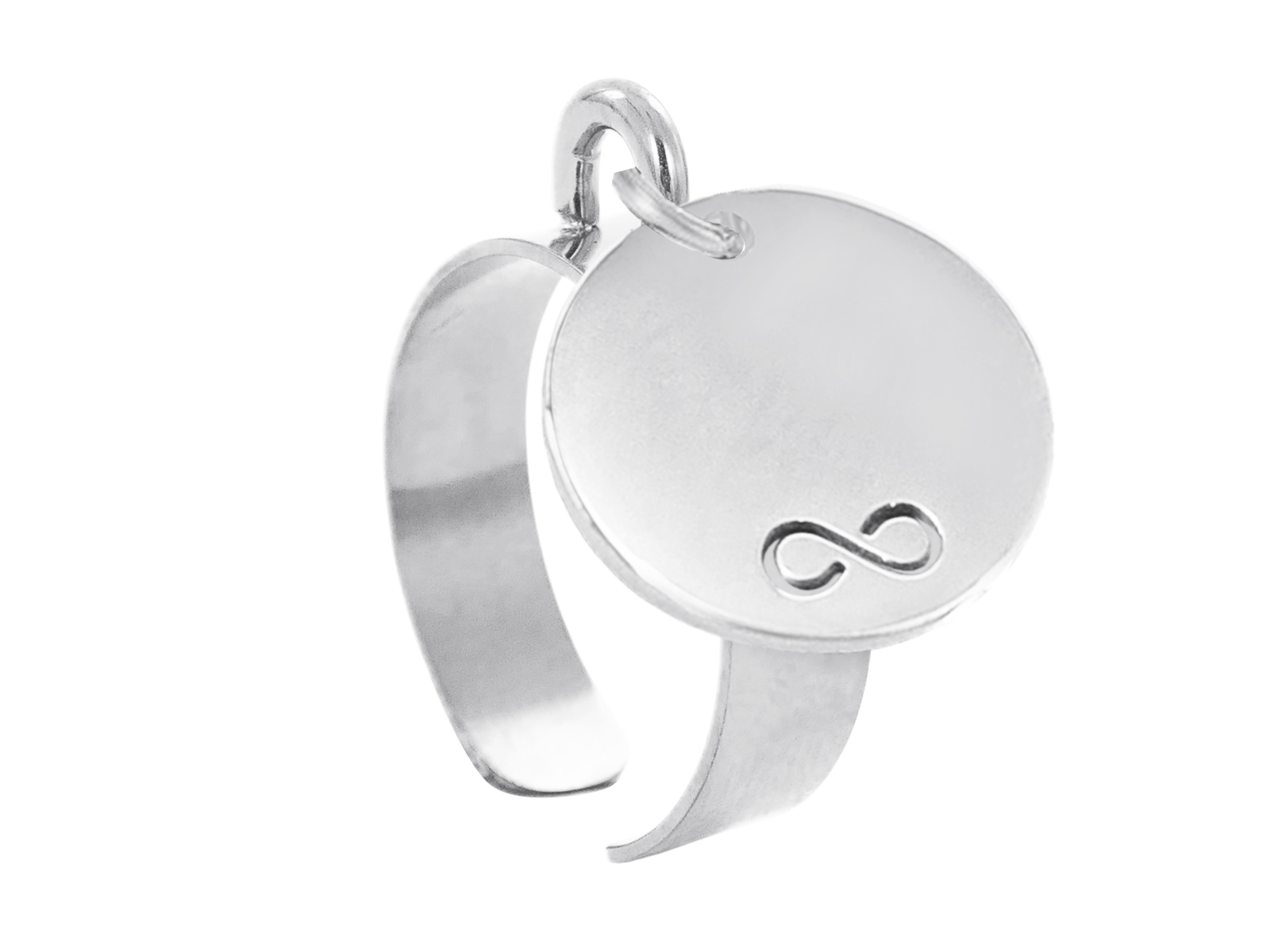 Bague ajustable médaille ronde infini ajouré à personnaliser en acier inoxydable argenté | Taille ajustable : Du 52 au 56