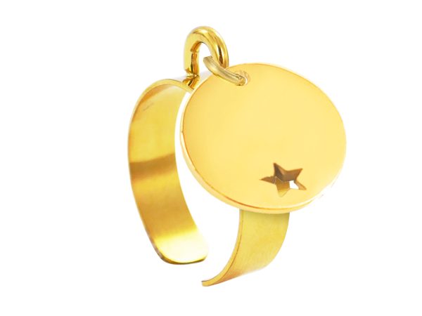 RINGAJMSTR14-GOLD.jpg Bague ajustable médaille ronde étoile ajourée à personnaliser en acier inoxydable doré | Taille ajustable : Du 52 au 56