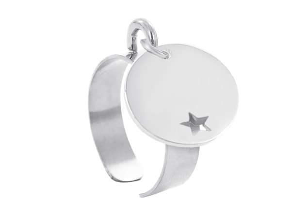 RINGAJMSTR14-RH.jpg Bague ajustable médaille ronde étoile ajourée à personnaliser en acier inoxydable argenté | Taille ajustable : Du 52 au 56