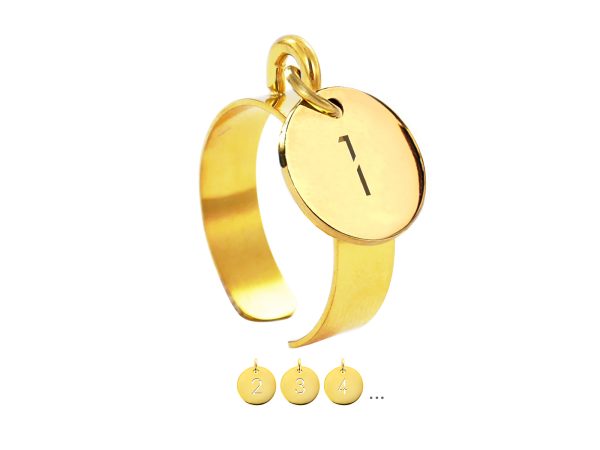 Bague ajustable numéro découpé en acier inoxydable doré | Taille ajustable : Du 52 au 56