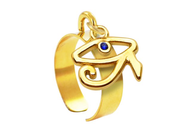 Bague ajustable œil d'Horus oxyde de zirconium bleu en acier inoxydable doré | Taille ajustable : Du 52 au 56