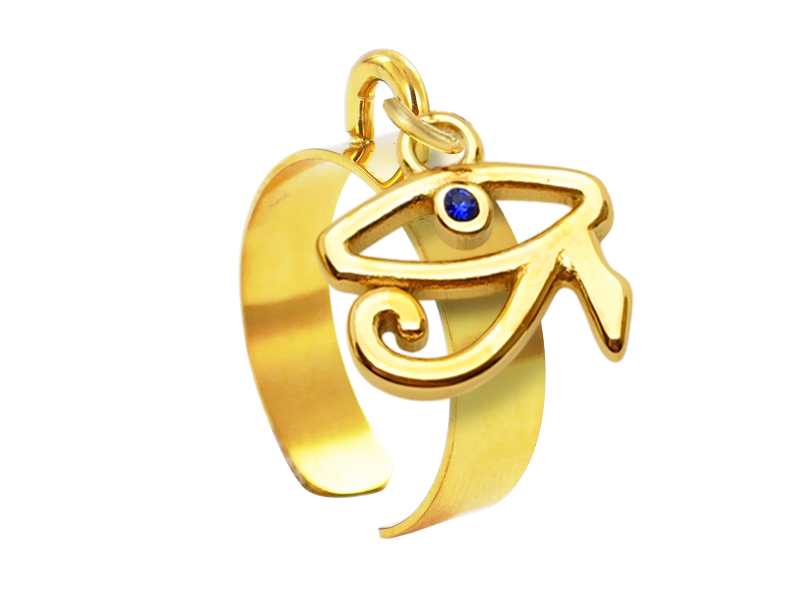 Bague ajustable œil d'Horus oxyde de zirconium bleu en acier inoxydable doré | Taille ajustable : Du 52 au 56