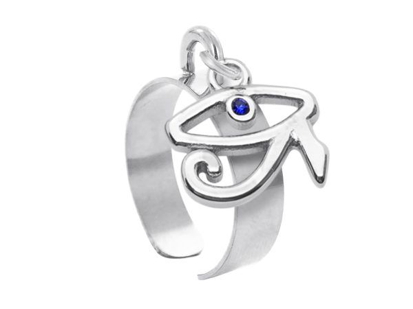 Bague ajustable œil d'Horus oxyde de zirconium bleu en acier inoxydable argenté | Taille ajustable : Du 52 au 56
