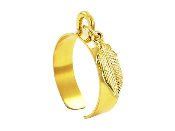 Bague ajustable plume en acier inoxydable doré | Taille ajustable : Du 52 au 56