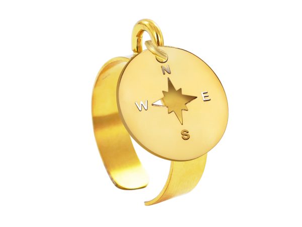 Bague ajustable rose des vents en acier inoxydable doré | Taille ajustable : Du 52 au 56