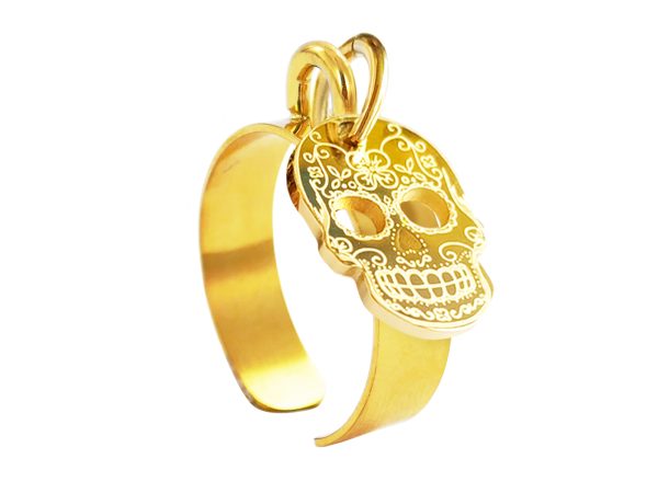 Bague ajustable tête de mort en acier inoxydable doré | Taille ajustable : Du 52 au 56
