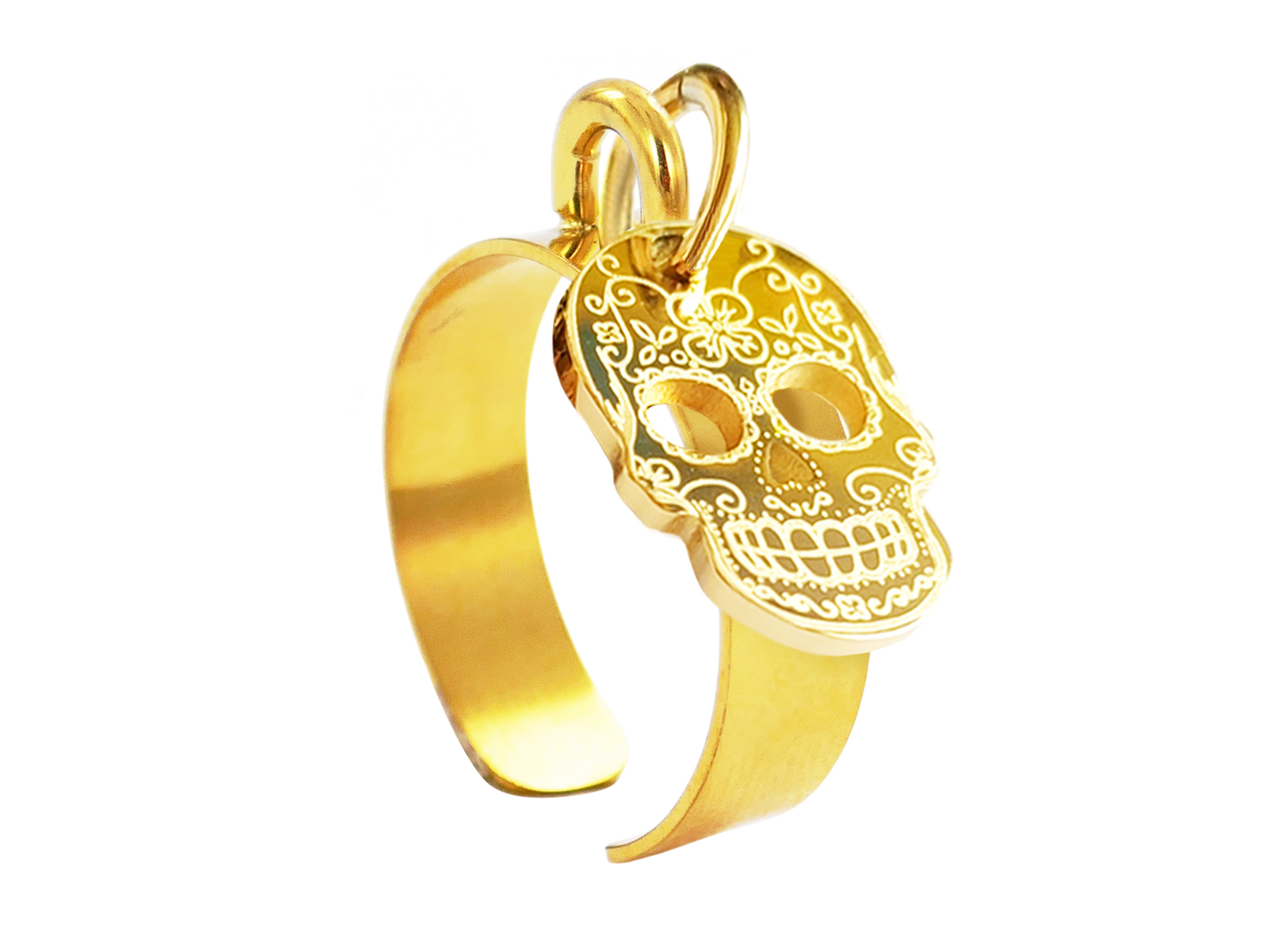 Bague ajustable tête de mort en acier inoxydable doré | Taille ajustable : Du 52 au 56