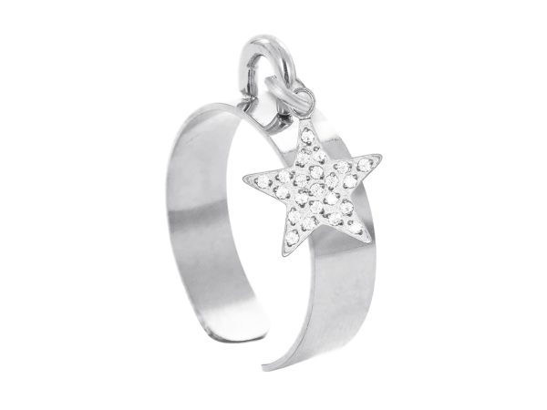 RINGAJSTR10OZ-RH.jpg Bague ajustable étoile oxydes de zirconium blancs en acier inoxydable argenté | Taille ajustable : Du 52 au 56