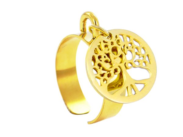 Bague ajustable arbre de vie en acier inoxydable doré | Taille ajustable : Du 52 au 56