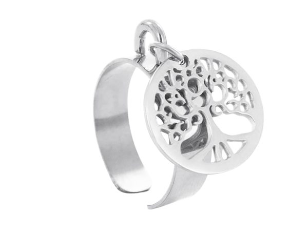 Bague ajustable arbre de vie en acier inoxydable argenté | Taille ajustable : Du 52 au 56
