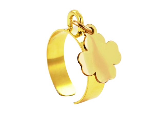 Bague ajustable trèfle à personnaliser en acier inoxydable doré | Taille ajustable : Du 52 au 56