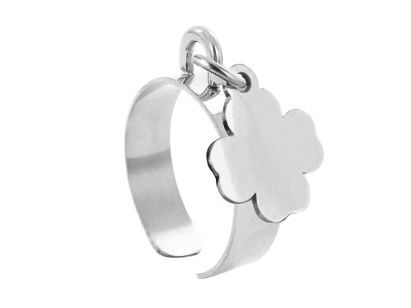 Bague ajustable trèfle à personnaliser en acier inoxydable argenté | Taille ajustable : Du 52 au 56