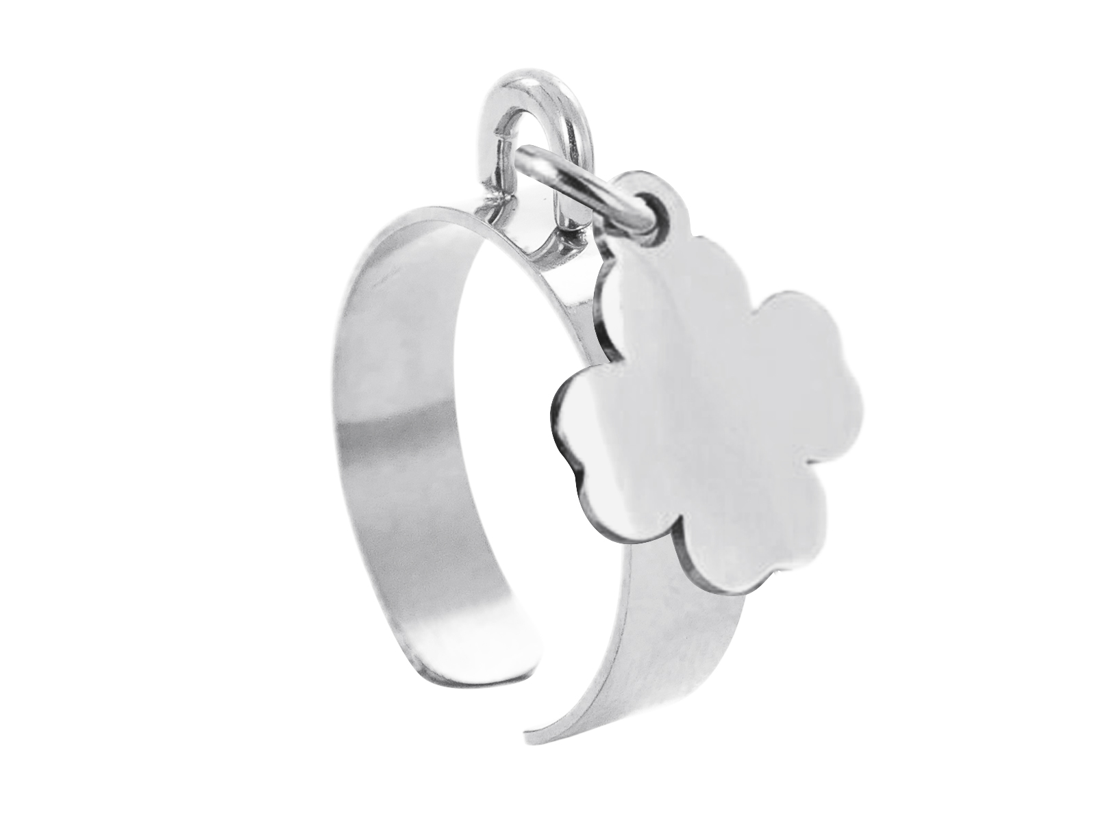 Bague ajustable trèfle à personnaliser en acier inoxydable argenté | Taille ajustable : Du 52 au 56