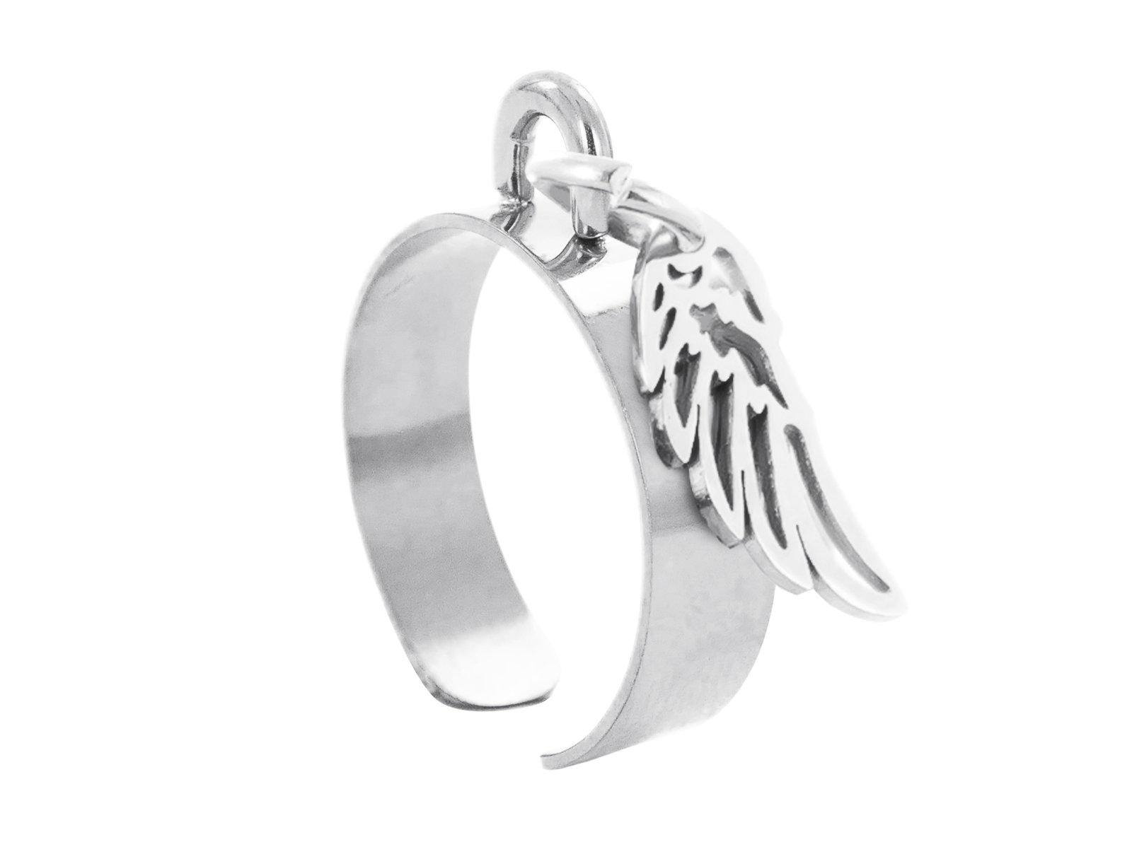 Bague ajustable aile d'ange en acier inoxydable argenté | Taille ajustable : Du 52 au 56