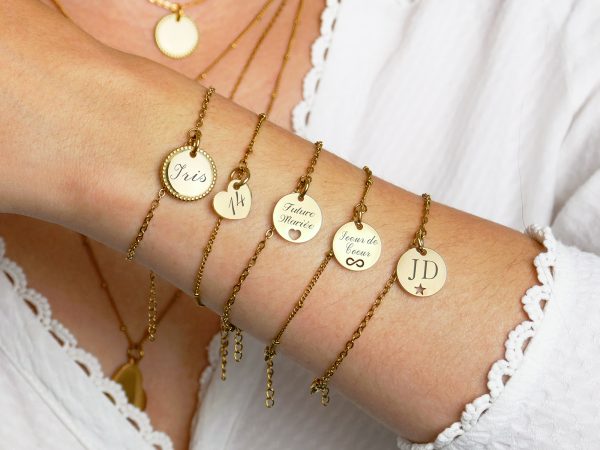 Bracelet chaînette médaillon perlé (16mm) à personnaliser en acier inoxydable doré