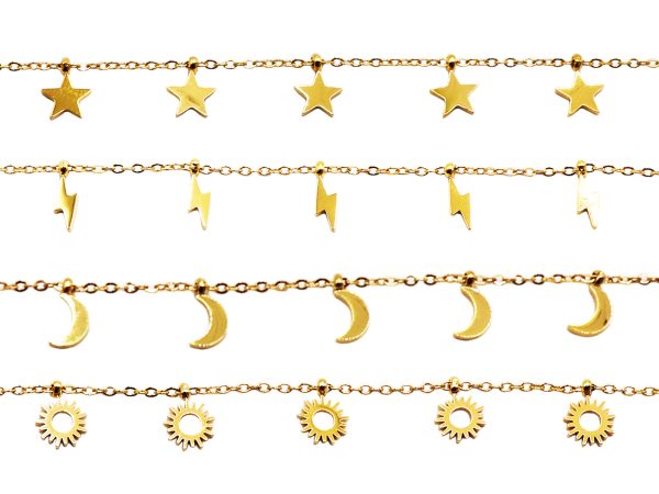 Bracelet breloques en acier inoxydable doré étoile, soleil, lune, éclair.