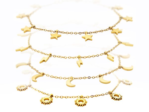 Bracelet breloques en acier inoxydable doré étoile, soleil, lune, éclair.