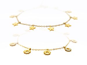 Bracelet breloques en acier inoxydable doré étoile, soleil, lune, éclair.