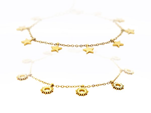 Bracelet breloques en acier inoxydable doré étoile, soleil, lune, éclair.