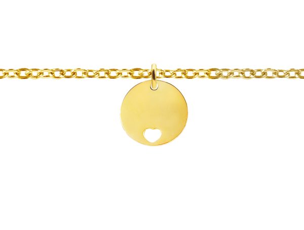 Bracelet chaînette agrémenté d'une médaille ronde avec cœur ajouré en acier inoxydable doré