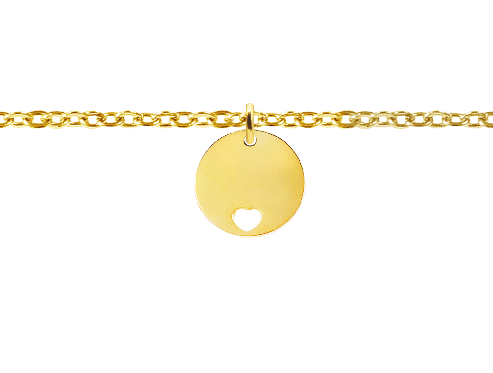Bracelet chaînette agrémenté d'une médaille ronde avec cœur ajouré en acier inoxydable doré