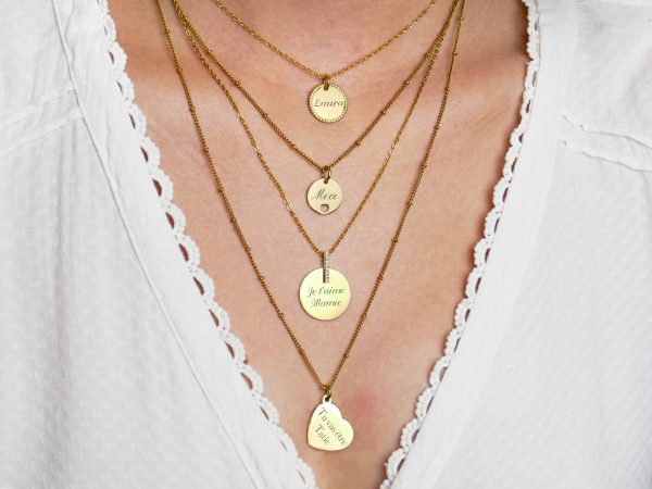Collier chaîne maille forçat médaillon perlé (16mm) à personnaliser en acier inoxydable doré